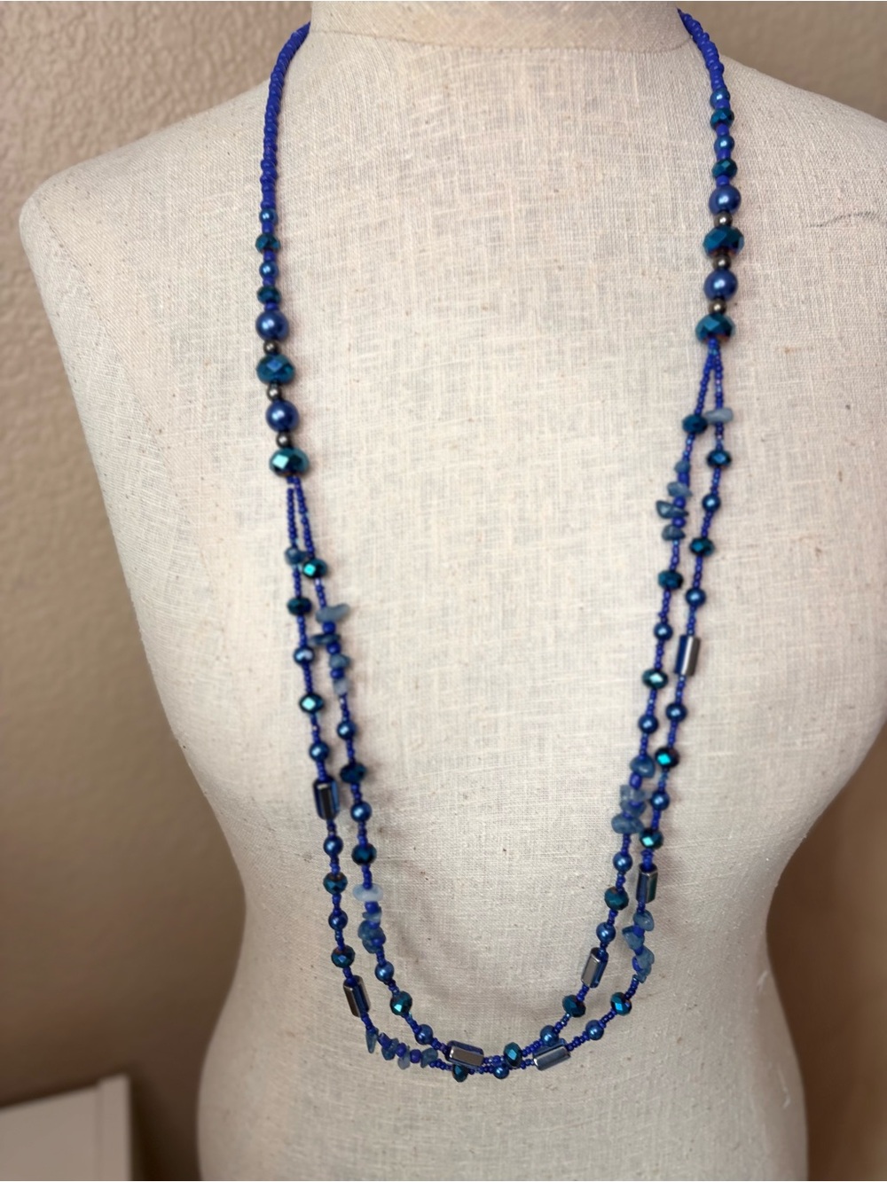 Vintage Blue Multi Strand Beaded Layered Statement Necklace Boho Long Chain